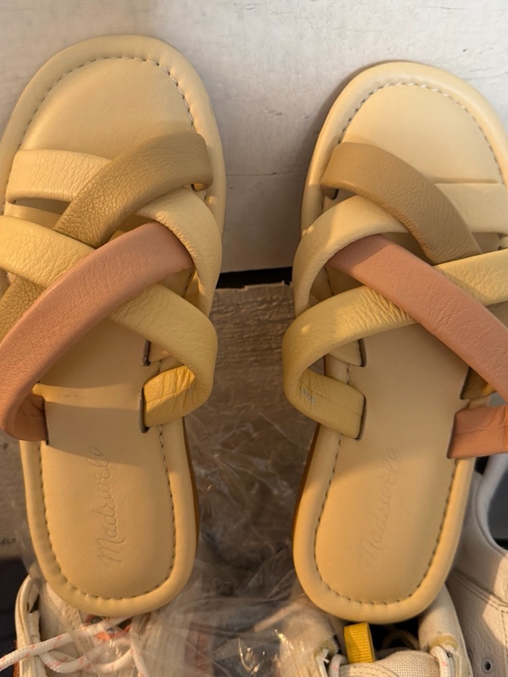 Madewell Yellow Leather Slide Sandals with Peach Accent
